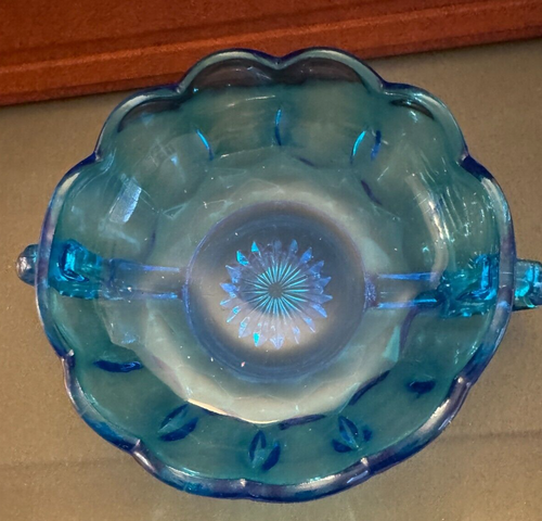 Anchor Hocking Fairfield Laser Blue Blass Bowl Handled Scalloped 5" Candy Dish - Picture 2 of 3