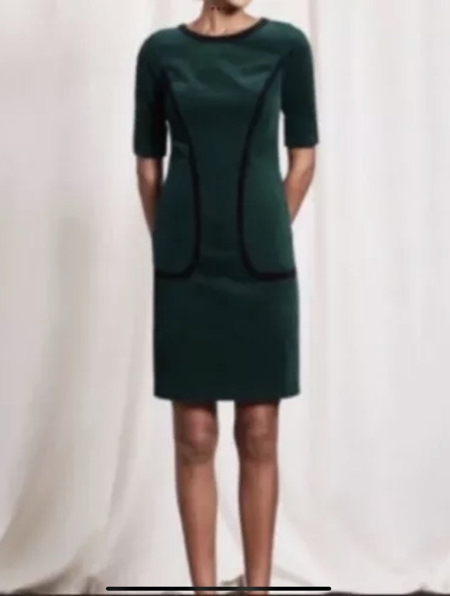 emerald green corduroy dress Boden Black Trim Thelma Knee Length US 6L Pockets! SN:STD14777PB