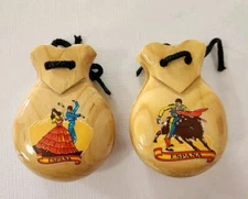 Two Pair Vintage Hand Carved & Painted Wooden Spanish Castanets Espana Dancer