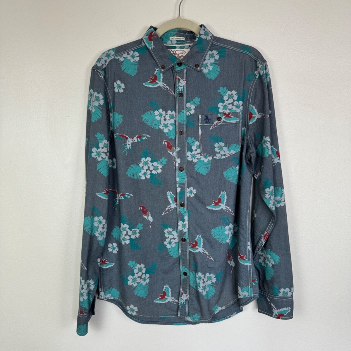 Penguin Shirt Mens Medium Hawaiian Aloha Button Down Parrot Floral Denim  Retro