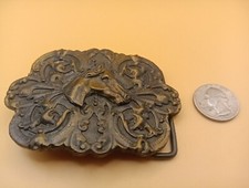 Vintage 1974 Bergamot Brass Works Belt Buckle Silver Horse Equestrian Leather