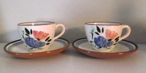 2 Stangl Pottery 1957 Hand Painted Fruit & Flowers - Cups and Saucers