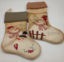 "I Love Snow" Snowman Christmas Stockings Quilted Primitive 19 inch