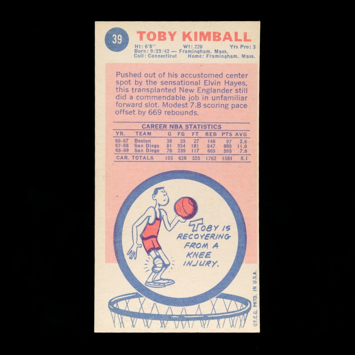 TOBY KIMBALL 1969 TOPPS BASKETBALL #39 Nice Condition SET BREAK San Diego