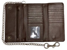 Genuine Cowhide BROWN Leather Trifold Chain Motorcycle Biker Trucker Wallet RFID