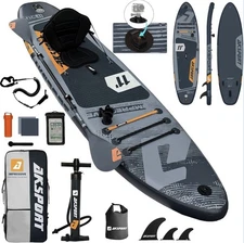 AKSPORT 11’ Inflatable SUP All Around Stand Up Paddle Board Kit, Black/Gray