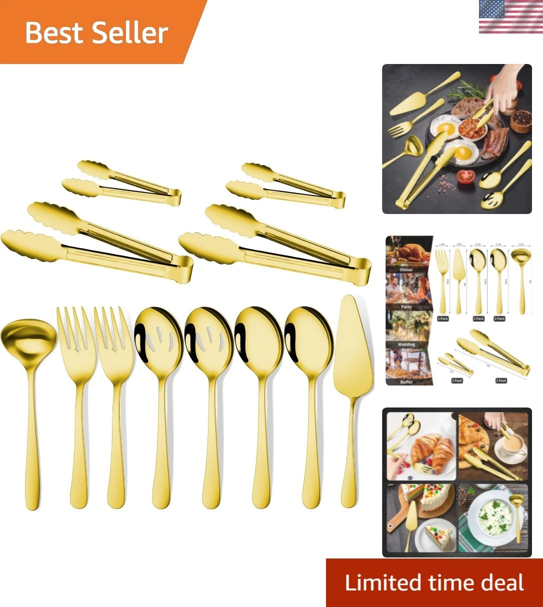 Gold 12 Pieces Serving Utensils Include Large Serving Spoons,Slotted Serving ...