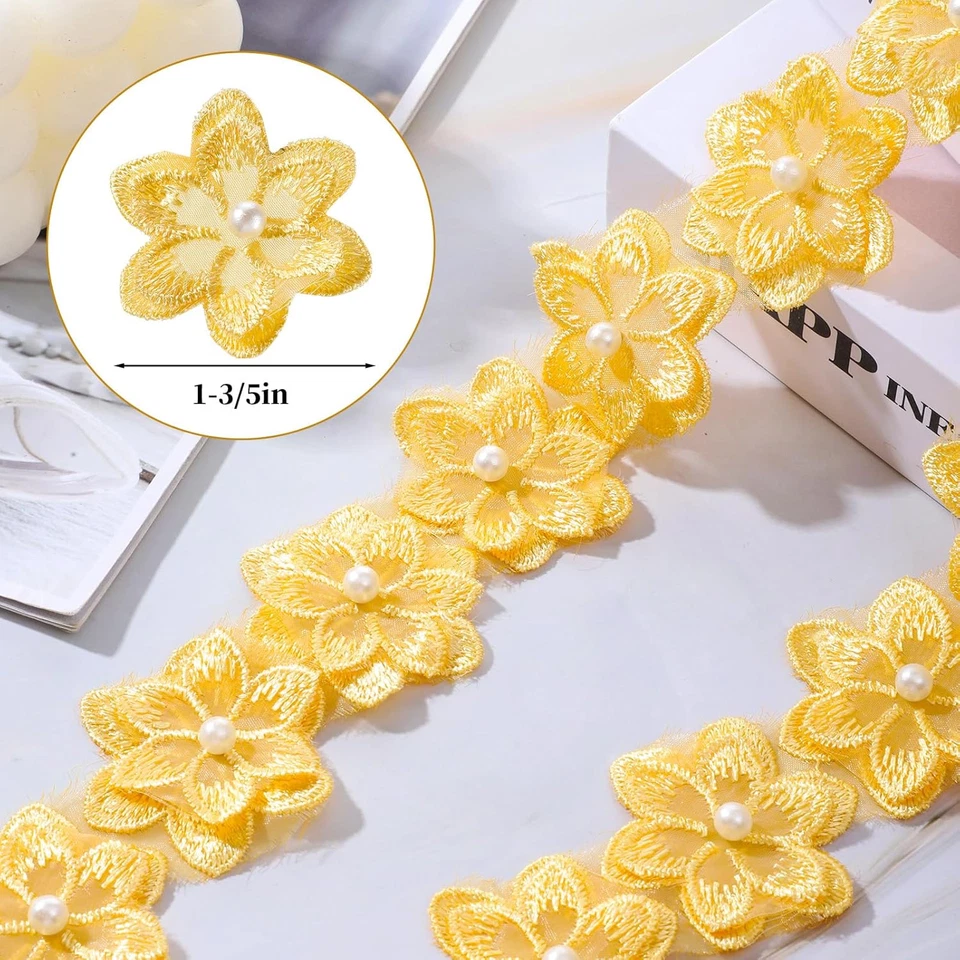 Cinta de encaje de flores amarillas 3D de 2 yardas, adornos de borde de encaje de flores de organza R Foto 2 de 4
