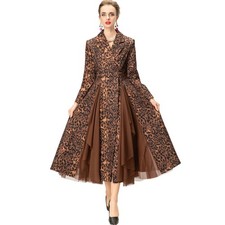 Women's Leopard Print Long Sleeve Double Breasted Waist Belt Windbreaker Coats 