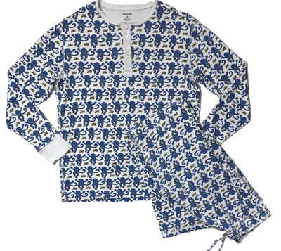 Roller Rabbit Blue Monkey Pajama Set Henley Long Sleeve Pima Cotton S Small