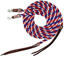 Showman 8' Red, White  Blue Round Braided Nylon Split Reins