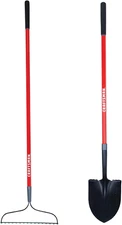 2-Piece Garden Tool Set with Digging Shovel and Bow Rake, Fiberglass Handles, Cu