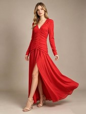 NWOT Farm Rio V Neckline Ruched Red Maxi Dress Long Sleeves Size XL