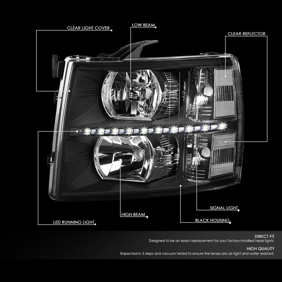 [LED DRL] 07-14 Chevy Silverado 1500 2500 3500 HD faros negros/claros Foto 2 de 4