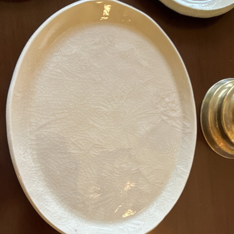 White Oval Stoneware plates (3), handmade, Embossed Pattern, marked JLW