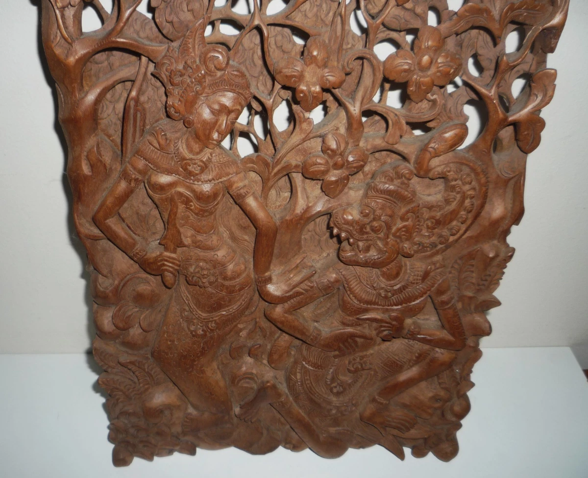 VINTAGE 1970s ERA MYTHOLOGICAL BALINESE WOOD CARVED PANEL