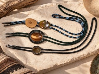 Lot 3 Vintage Bolo Tie Guadalupe Poppy Jasper Agate Stone Wood Mix Southwestern