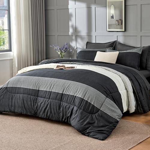 Set piumone misura 7 pezzi - letto a righe bianco nero King 02 - nero bianco - Foto 3 di 8