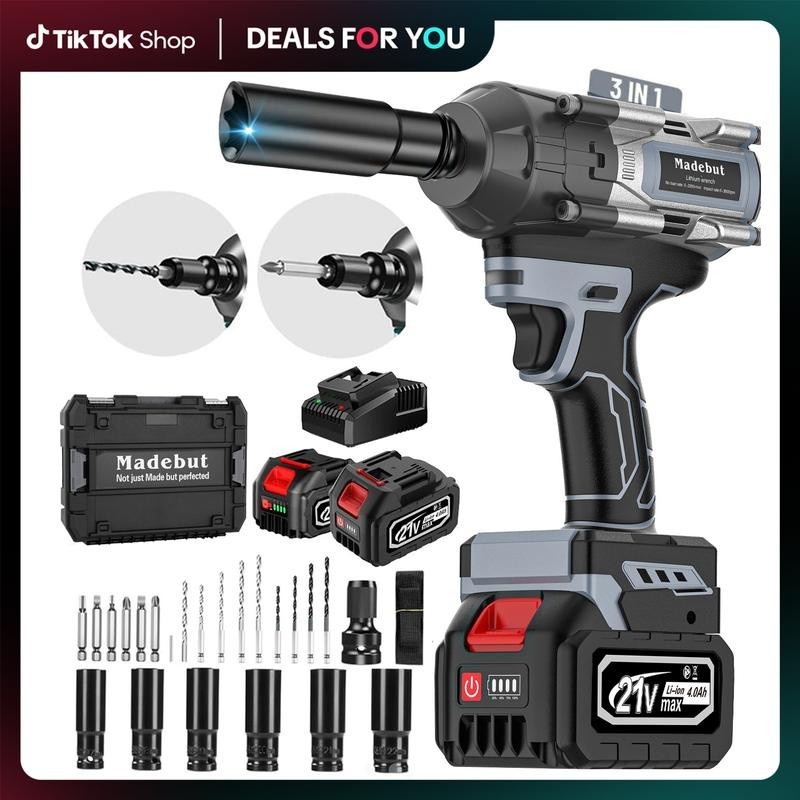 1000N.m Cordless Impact Wrench, All-Metal Cordless Impact Gun with 2 * 4.0Mah