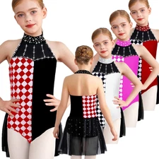 Girls Dancewear Easter Bodysuit Mock Neck Jumpsuit Latin Leotard Skirt Shows