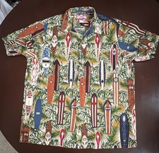 Vintage RJC Red Hawaiian Button-up Shirt Surf Surfboards Palms XL Made in USA