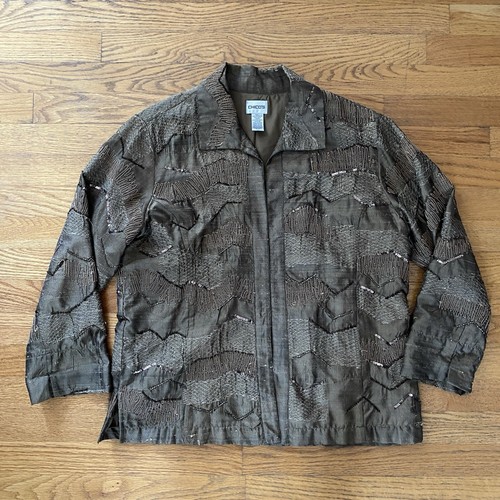 Chico’s Size 2 Medium Utility Jacket Green Metallic Beaded Embroidered Hook Eye - Picture 3 of 11