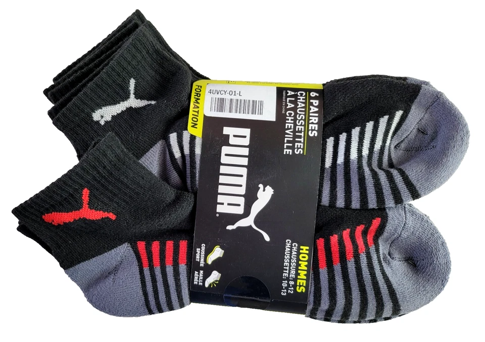 Носки мужские Puma четверть квадратного ярда упаковка 6 шт. L черные красные наполовину махровые тренировочные мягкие - Изображение 3 из 4