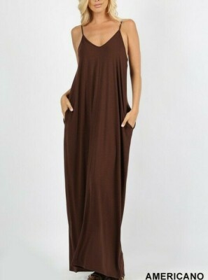 zenana maxi dress Zenana Woven Crinkle Cami Maxi Dress with Side Pockets - Design A
