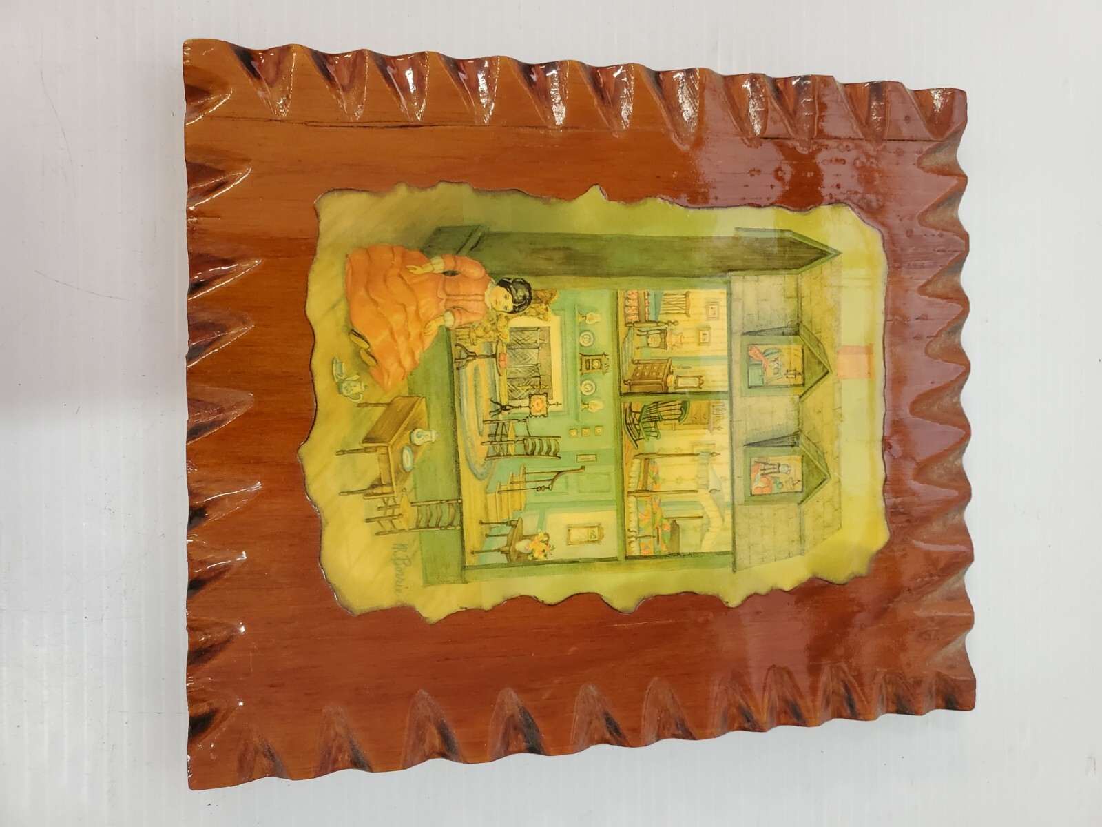 Vintage Mini Framed Wall of DOLL HOUSE (Carved wood glazed wall hanging)