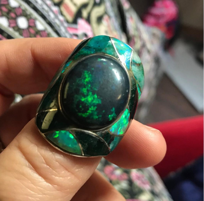 (B) Opal Ring Large Black Andamooka Opal and Inlaid O… Gem