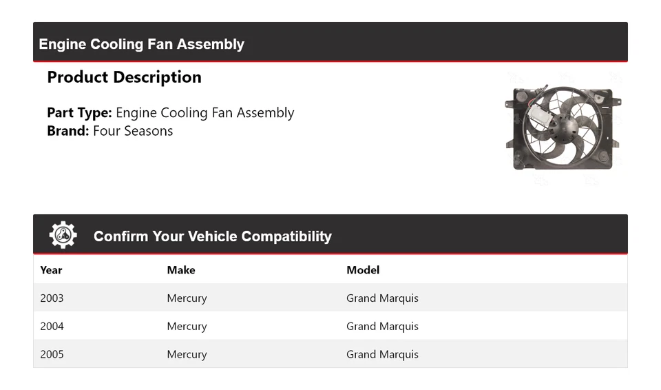 Conjunto de ventilador de refrigeración del motor Mercury Grand Marquis 2003-2005 4 estaciones 2004 Foto 2 de 4