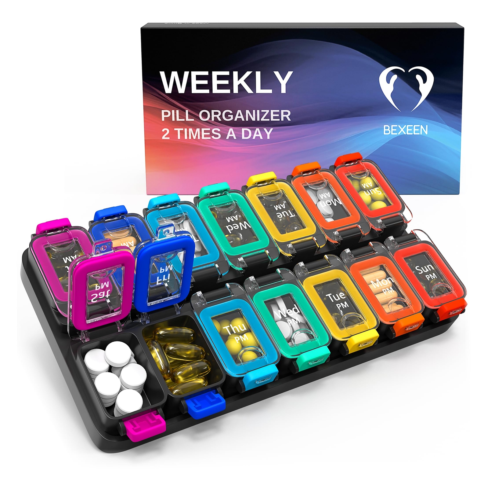 Extra Large Weekly Pill Organizer 2 Times A Day - Airtight Pill Box 7 Day - A...