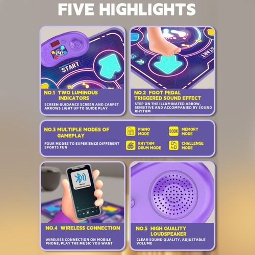 Light Up Dance Mat Electric Playmat For Kids With 4 Music Modes Birthday Gift - Zdjęcie 7 z 10