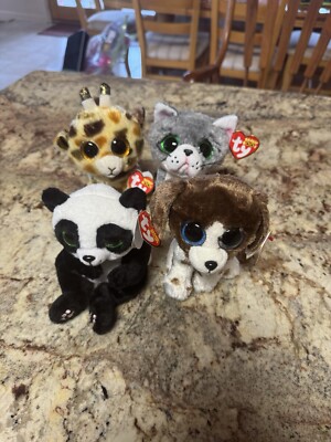 TY Beanie Boos Assorted Plush Toys Set Of 4 - Giraffe, Cat, Panda, Dog