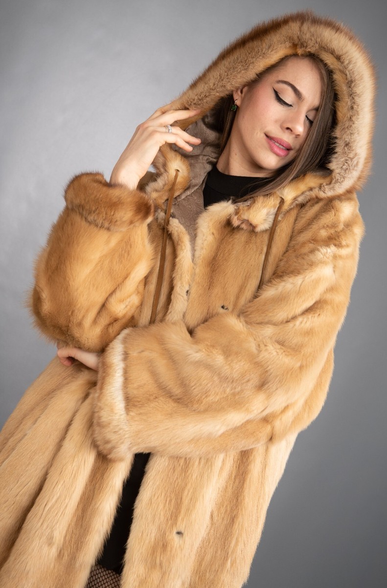 6031 GLAMOROUS GERMAN SABLE FUR COAT FUR HOOD VERY LONG PELZ BEAUTIFUL SIZE  2XL
