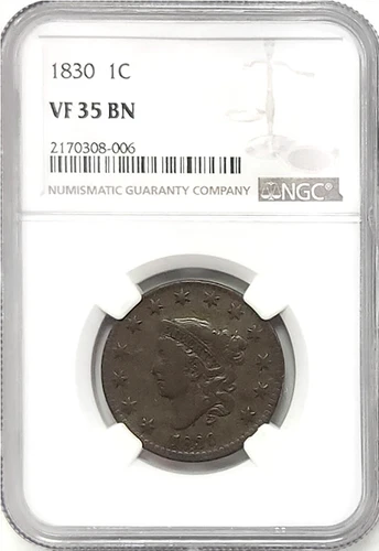 1830 Coronet Matron Head Large Cent NGC VF35 BN Even Wear & Color Pleasing
