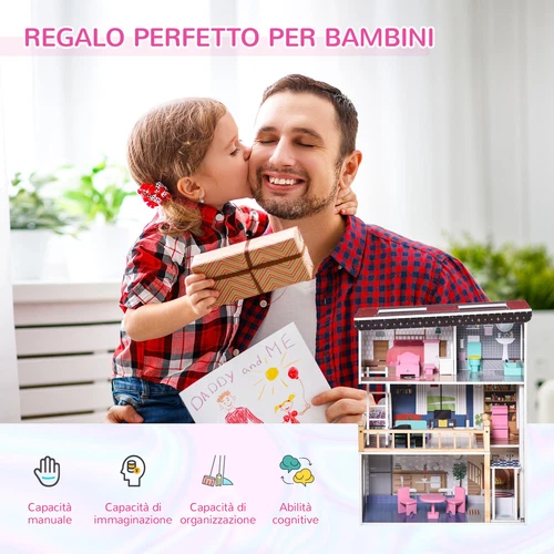HOMCOM Casa delle Bambole in Legno a 3 Piani con Ascensore e 13 Accessori Rosa - Foto 9 di 10