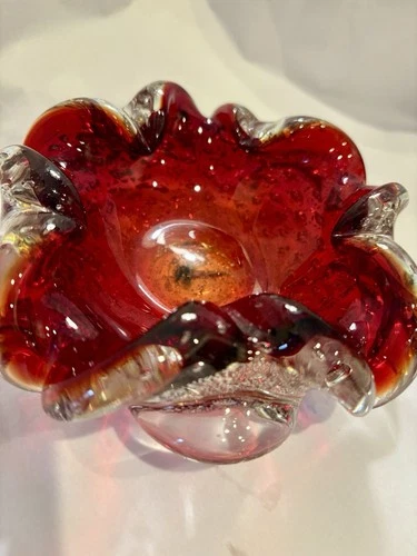 Vintage Murano Italy Red Silver Bubbles Bullicante Glass Ruffled Rim Edges Bowl