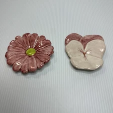 Vintage Ernestine Salerno pink Gerbera and pansy flowers pink trinket dish Italy
