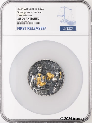 2024 Cook Islands Gilt Silver 3oz $20 Steampunk- Carnival NGC MS70 First Release