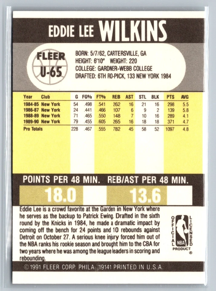 1990-91 Fleer Update #U-65 Eddie Lee Wilkins New York Knicks - Image 2 of 2