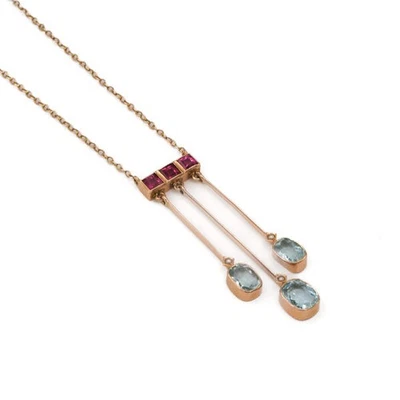 Collier antik mit Aquamarin, Amethyst, Perlen in 14 Kt. 585 Rotgold Sammlerstück - Bild 1 von 4