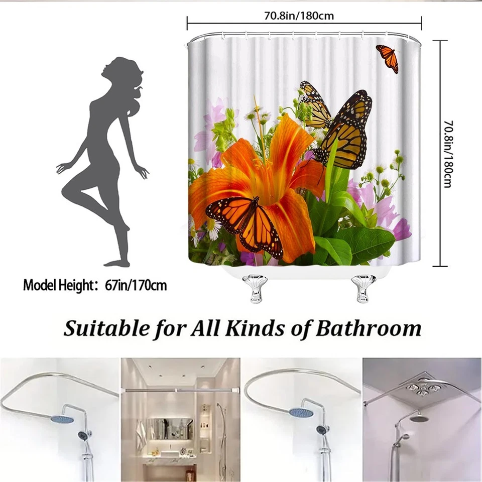 Flower Butterfly Shower Curtain Orange Lily Daisy Garden Decor with Hooks - Image 3 of 4