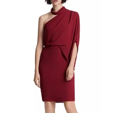 NWT Halston Dress Asymmetric Draped One Shoulder Burgundy Polyester Size 10