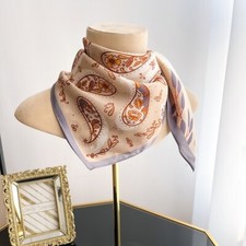 100 Silk Scarf Women Vintage Beige Paisley Kerchief Square Bandana Wrap 68 68cm