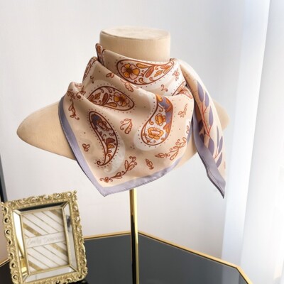 100% Silk Scarf Women Vintage Beige Paisley Kerchief Square