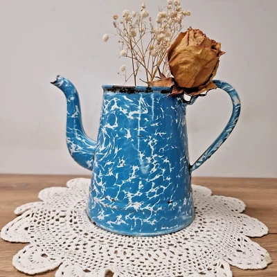 Ancienne Cafetiere Théière Émaillée bleu marbré - Style rustique - Photo 1/4