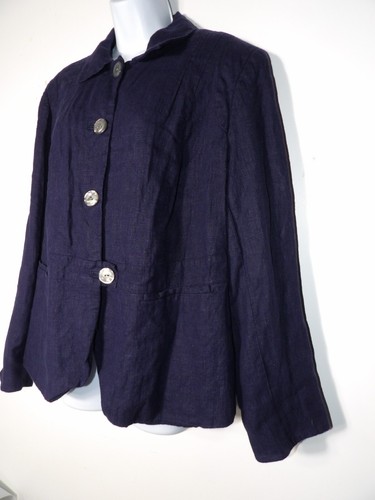 Harve Benard Women Blazer Size 22W Linen Navy Blue Button Career Jacket - Picture 2 of 11