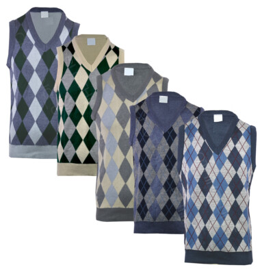  Herren Argyle V-Ausschnitt ärmelloser Pullover Overall Tank Top Jersey Golf Freizeit S-2XL