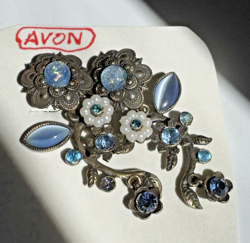 Earrings Avon Blue Rhinestones Moonstone Brass Color Floral Flowers Clip Ons 2" - Picture 8 of 11